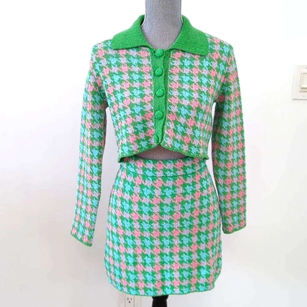 ZARA Houndstooth Knit Crop Cardigan & Skirt Set 2 pc S pink green mini skirt - Picture 3 of 13